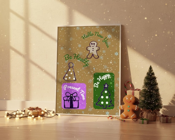 Hello New Year Gingerbread Poster-Hand-Drawn Holiday Print A2 A3 A4 Instant Download