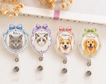 Custom Pet Photo Badge Reel, Personalized Dog Cat Name ID Holder, Nurse Vet Tech Badge Clip, Pet Portrait Gift