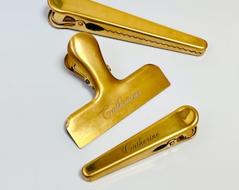 Personalized Brass Binder Clip, Custom Engraved Metal Paper Clip, Minimalist Gold Planner Clip, Name Custom Office Clip Gift