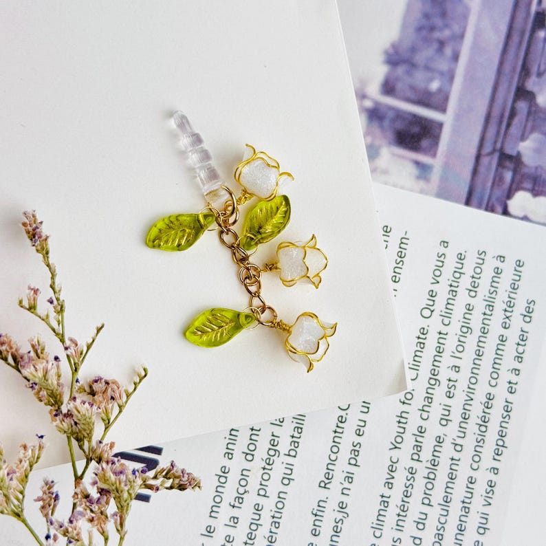 Delicate Lily of the Valley Dust Plug & Phone Charm | Handmade E-Reader Accessory | Cute Gift for Book Lovers & Tech Lovers | 3 Color Choices