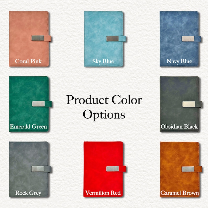 May include: A collection of notebooks in various colors, including coral pink, sky blue, navy blue, emerald green, obsidian black, rock grey, vermilion red, and caramel brown. Each notebook has a metal clasp.
