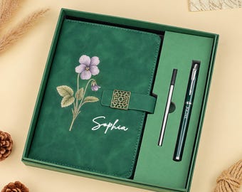 Personalized Birth Flower Journal, Custom Leather Notebook Set, Vintage A5 Engraved Travel Diary, Birthday Gift for Her, Bridesmaid Gift