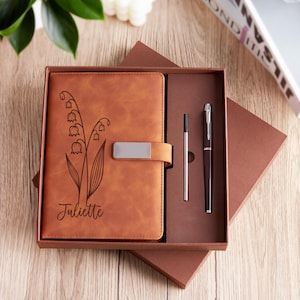 Engraved Birth Flower Leather Journal, Personalized Name Notebook Set, Graduation Gifts for Her