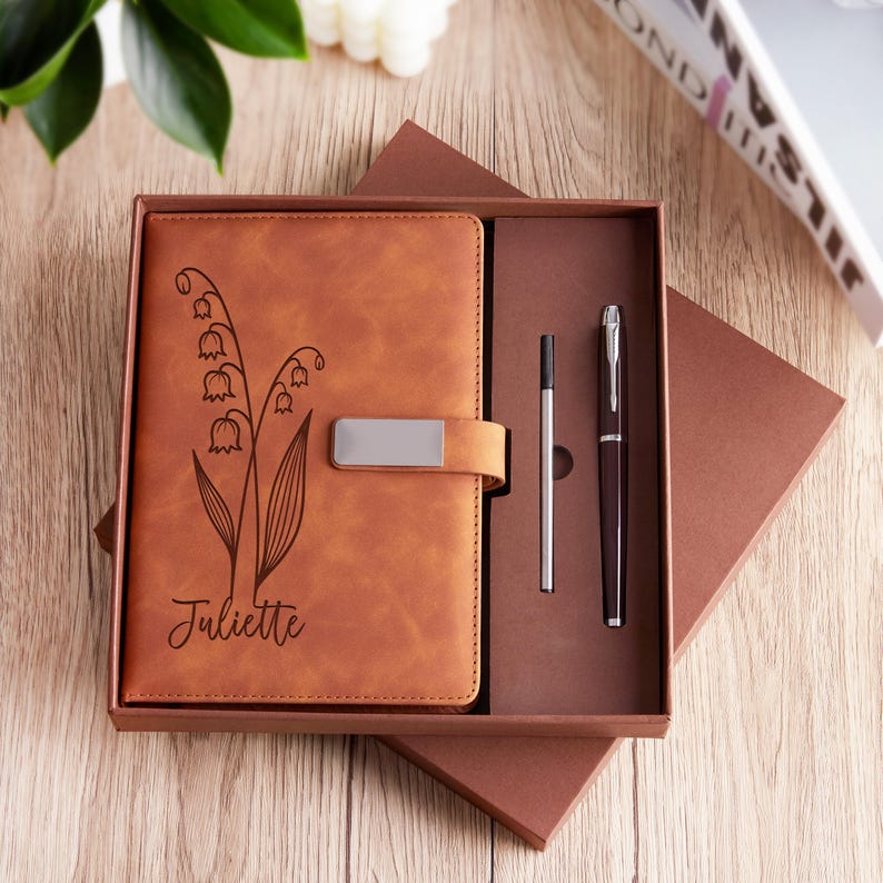Engraved Birth Flower Leather Journal, Personalized Name Notebook Set, Graduation Gifts for Her