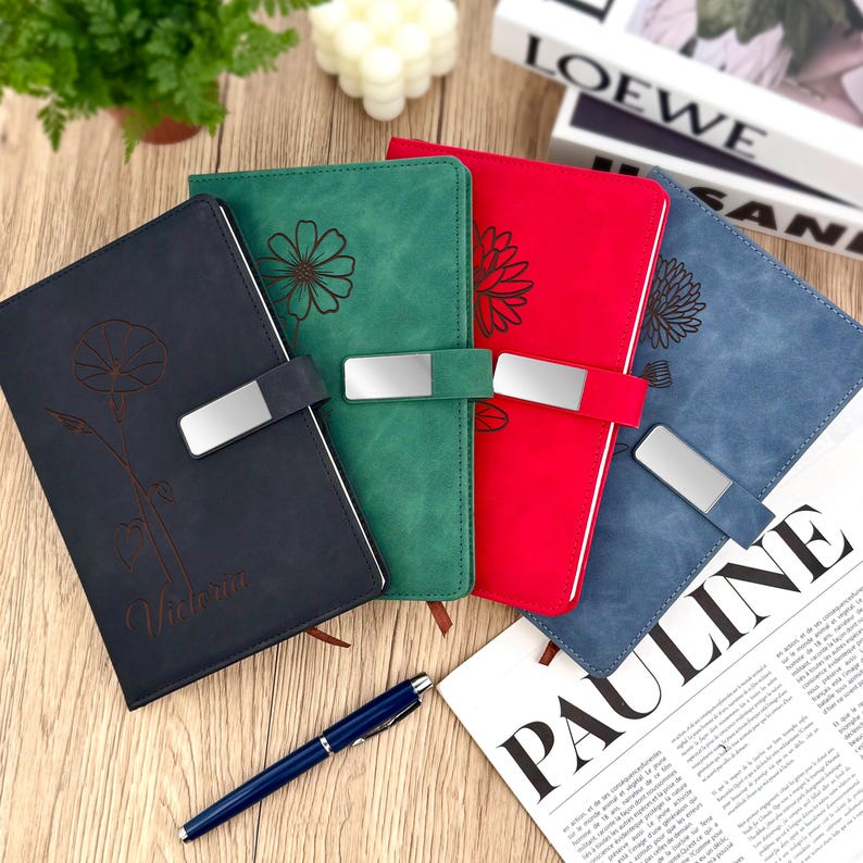 Personalized Leather Journal | Birth Flower Notebook with Pen | Custom Name Diary | Birthday Gift for Her | Bridesmaid Proposal Gift Set