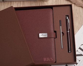 Personalized Engraved Leather Notebook With Pen, Custom Name Diary Business Journal, Corporate Gift for Men