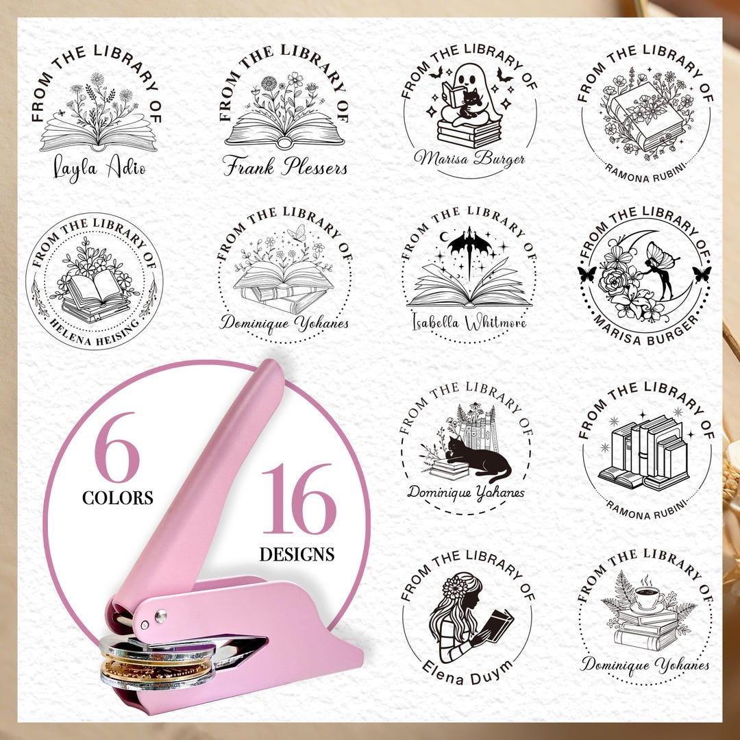 Library Stamp Design Personalized Library Embosser Stamp, 16 Custom Book Stamp Designs ...
