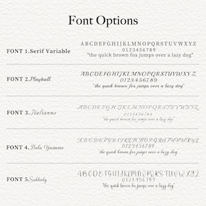 May include: Image showcasing font options, including Serif Variable, Playball, Italianno, Bela Yasmine, and Suddenly. Each font is displayed with the alphabet, numbers, and the sentence "the quick brown fox jumps over a lazy dog."