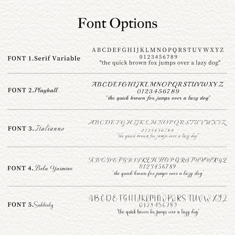 May include: Image showcasing font options, including Serif Variable, Playball, Italianno, Bela Yasmine, and Suddenly. Each font is displayed with the alphabet, numbers, and the sentence "the quick brown fox jumps over a lazy dog."