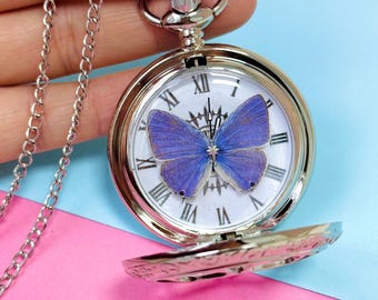 Vintage vlinderzakhorlogeketting, antieke stijl zilveren hangerhorloge, uurwerk met vlinderwijzerplaat, op steampunk geïnspireerd cadeau voor haar