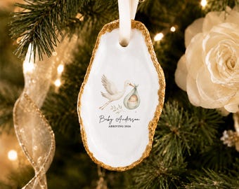 Custom Baby Stork Announcement Ornament, Personalized Oyster Shell Newborn Name Ornament, Custom Baby Birth Year Keepsake, Baby Shower Gift