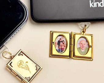 Custom Birth Flower Book Locket Dust Plug, Personalized Engraved Floral Charm for Kindle, E-reader Charm, Book Lover Gift