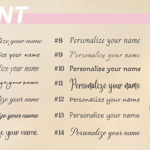 May include: Image showcasing a variety of font styles with the text "Personalize your name" displayed in different calligraphy and script styles. The word "FONT" is at the top. White tulips with green stems and leaves are in the background.