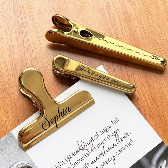 Premium Custom Engraved Gold Metal Clips, Personalized Minimalist Bookmark, Custom Bookish Paper Clip, Desk Accessories Gift