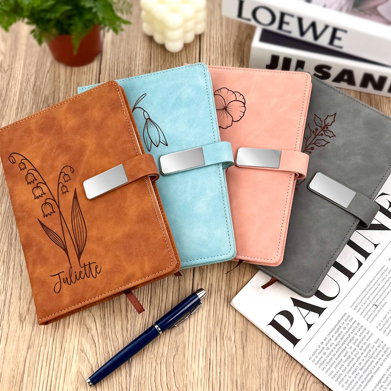 Birth Flower Name Journal, Personalized Leather Journal, Prayer Journal for Women, Wellness Journal, Gratitude Journal, Birth Flower Gift