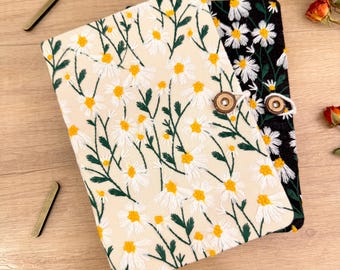 Personalized Embroidered Daisy Journal, Custom Engraved Metal Edge Protectors Notebook, Floral Fabric Notebook A5, Birthday Gift For Her