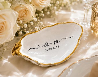 Custom Oyster Shell Ring Dish, Personalized Initials Wedding Jewelry Holder, Bridesmaid Proposal, Groomsman Keepsake, Seaside Vanity Decor