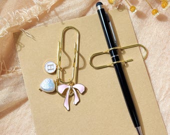 Personalized Pen Clip, Custom Initial Bow Pearl Heart Pen Holder, Gift for Book Lovers