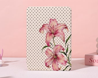 Lily Flower Polka Dot Kindle Case,Kindle Paperwhite 10/11/12th Cover,Kobo Libra/Clara Case,Fancy Case with Auto Wake/Sleep,Custom e-Reader