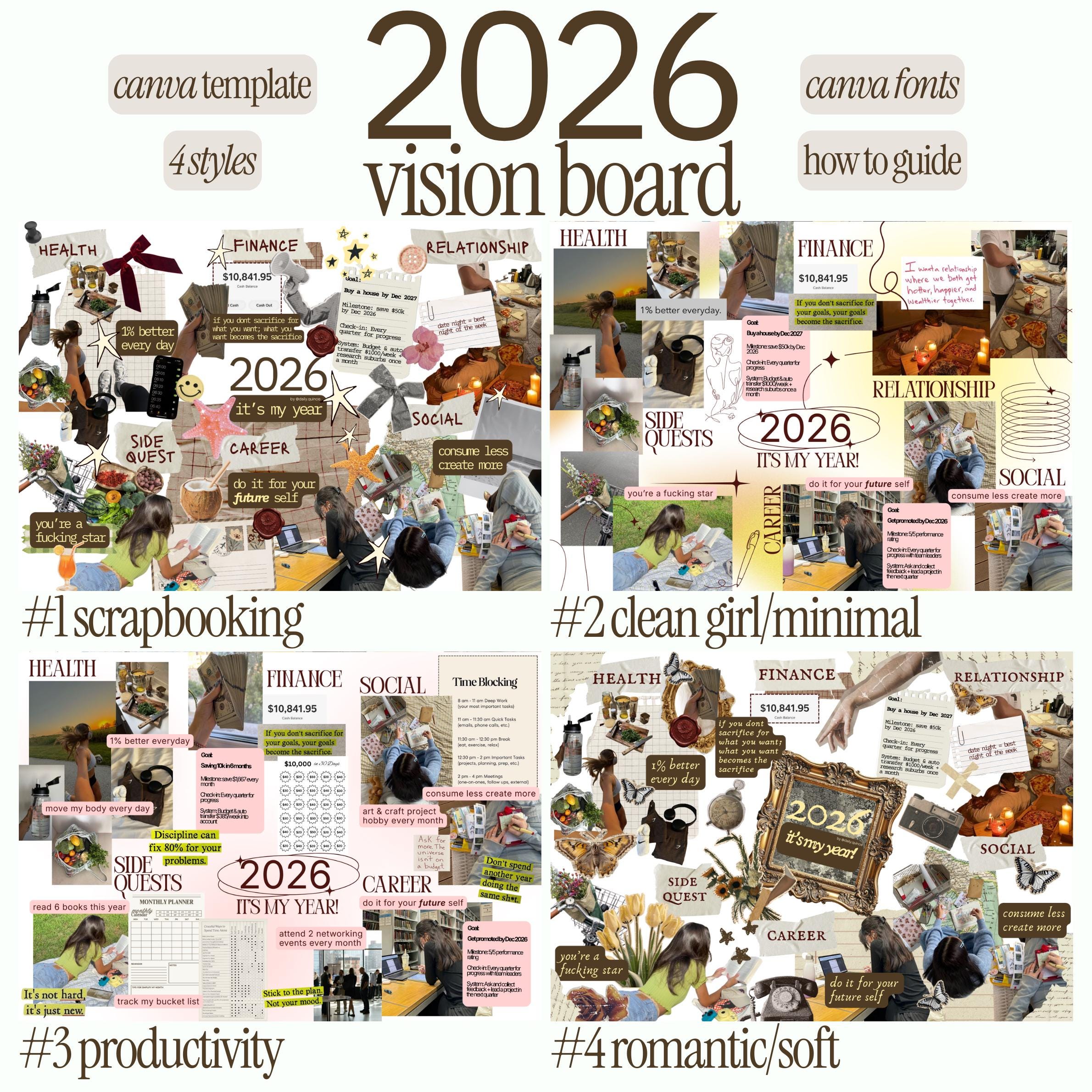 Vision Board 2026 4 Styles Canva Template, Editable and Printable ...