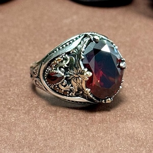 Red Ruby Men&#39;s Ring, 925 Sterling Silver Vintage Ring, Gothic Statement Ring, Handmade Men&#39;s Jewelry, Unique Wedding Band, Gift for Him