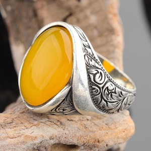 925 Sterling Silver Yellow Agate Ring, Handmade Men&#39;s Gemstone Ring, Bold Statement Jewelry, Vintage Style Signet, Gift for Him, Mothers Day