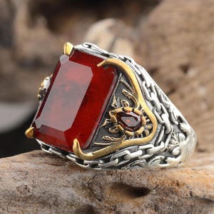 Handmade 925 Sterling Silver Men&#39;s Ring with Red Agate Stone – Vintage Engraved Statement Ring, Minimalist Boho Jewelry, Unique Gift for Him