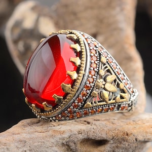 Red Ruby Men&#39;s Ring, 925 Sterling Silver Vintage Ring, Gothic Statement Ring, Handmade Men&#39;s Jewelry, Unique Wedding Band, Gift for Him