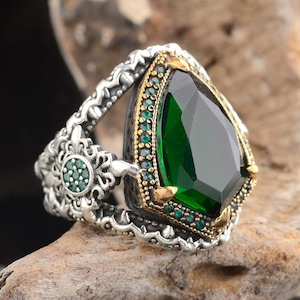 925 Sterling Silver Green Stone Ring for Men, Handmade Emerald Color Ring, Vintage Signet Ring, Unique Men&#39;s Jewelry, Gift for Him