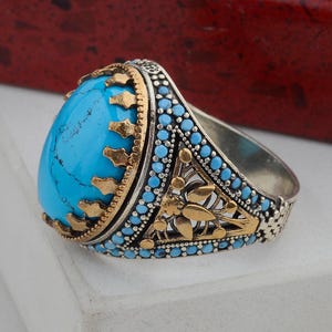 Men&#39;s Turquoise Gemstone Ring, Sterling Silver Handmade Ring, Antique Style Jewelry, Natural Stone Ring, Unique Gift for Him & Dad