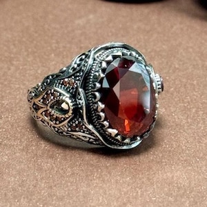 Handmade 925 Sterling Silver Men&#39;s Ring with Red Agate Stone – Vintage Engraved Statement Ring, Minimalist Boho Jewelry, Unique Gift for Him