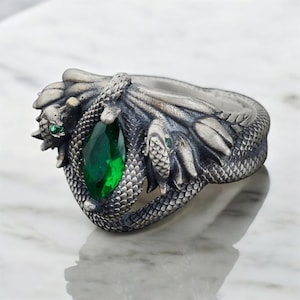 Dragon Eyes with Stone Ring, Two Snakes Men Ring, Goth Snake Jewelry, Unique Ring for Men, Men Fantasy Ring, Gold Plated Ouroboros Ring