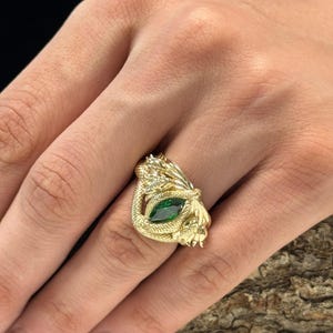 Dragon Eyes with Stone Ring, Goth Snake Jewelry, Two Snakes Men Ring, Gold Plated Ouroboros Ring, Unique Ring for Men, Men Fantasy Ring