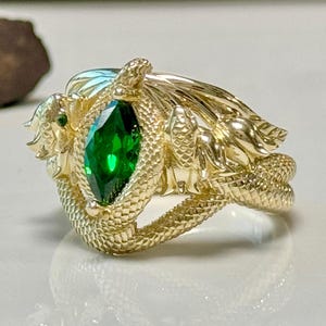 Goth Snake Jewelry, Two Snakes Men Ring, Gold Plated Ouroboros Ring, Unique Ring for Men, Men Fantasy Ring, Dragon Eyes with Stone Ring