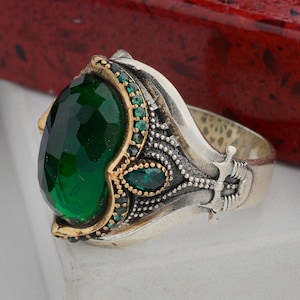 925 Sterling Silver Green Stone Ring for Men, Handmade Emerald Color Ring, Vintage Signet Ring, Unique Men&#39;s Jewelry, Gift for Him