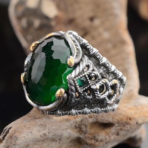 925 Sterling Silver Green Stone Ring for Men, Handmade Emerald Color Ring, Vintage Signet Ring, Unique Men&#39;s Jewelry, Gift for Him