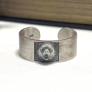 Handcrafted Sterling Silver Bear Ring – Bold Animal Jewelry for Men, Adjustable Rustic Cuff, Unique Gift for Him, Fathers Day