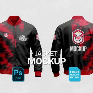 Könnte beinhalten: Ein schwarzes und rotes Bomberjacken-Mockup mit dem Text "JACKET MOCKUP". Die Jacke hat einen roten Kragen, Manschetten und ein rot-schwarzes Muster. Die Vorder- und Rückseite der Jacke werden angezeigt. Enthält ein "Ps .psd"-Symbol und ein "HIGH QUALITY 150 DPI"-Symbol.