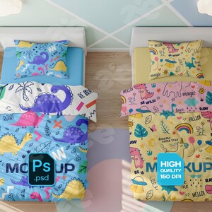 May include: Two twin beds with dinosaur-themed bedding. One set features blue and purple dinosaurs, the other yellow and pink. Pillows and comforters display colorful illustrations of dinosaurs, rainbows, and the text "HELLO" and "MAGIC".