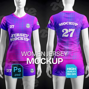 May include: A purple and pink women's jersey mockup with the number 27 on the front and back. The jersey has a V-neck and a dotted pattern. The text "JERSEY MOCKUP" is displayed on the front. The image also includes the text "WOMEN JERSEY MOCKUP".