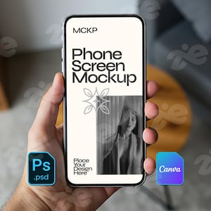 Phone Screen Mockup – Handheld iPhone PSD Canva Template for Podcast, Social Media & Digital Product Display, smart object instant download