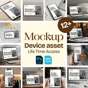 Digital nedladdning av mockup-kit för iPhone 15, MacBook och surfplatta (PSD och JPG)