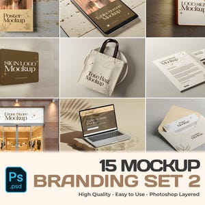 Puede incluir: Una colección de maquetas para branding, que incluye un póster, una tableta, un letrero, un bolso de mano, un escaparate y un portátil. La imagen también incluye un sobre, tarjetas de visita y un letrero con el logotipo. El texto dice "15 MOCKUP BRANDING SET 2".