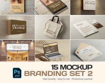 May include: A selection of branding mockups, including a poster, tablet, sign, tote bag, storefront, and laptop. The image also features an envelope, business cards, and a logo sign. The text reads "15 MOCKUP BRANDING SET 2".