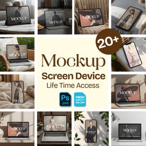 以下が含まれることがあります： タブレット、ラップトップ、スマートフォンなど、それぞれに「MOCKUP」のラベルが表示されたデジタルデバイスのモックアップのコレクション。画像はさまざまなライフスタイル設定を特徴とし、「Mockup Screen Device Life Time Access」というテキストが含まれています。
