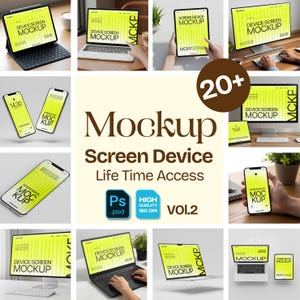 May include: A collection of digital device mockups, including tablets, laptops, and smartphones, each displaying a vibrant green screen with the text "DEVICE SCREEN MOCKUP". The image also includes the text "Mockup Screen Device Life Time Access Vol.2".