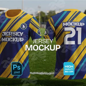 Full Sublimation Jersey PSD Mockup Editable Team Shirt Template for Photoshop, Custom Sportswear Design with Pattern Layered Front Back View