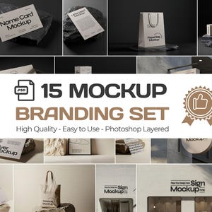 Op de afbeelding: Een verzameling branding-mockups, waaronder visitekaartjes, briefhoofden, papieren tassen en verpakkingsdozen. De afbeelding toont de tekst "15 MOCKUP BRANDING SET" en "High Quality - Easy to Use - Photoshop Layered". De mockups worden op verschillende oppervlakken gepresenteerd.