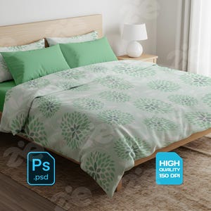 May include: A bed with a light wood frame, featuring a green fitted sheet, green pillows, and a duvet cover with a floral pattern in shades of green and gray. The room has a neutral color scheme with a rug and a window.