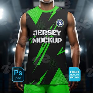 Streetwear Basketball Jersey PSD Mockup Editable jersey Template for Photoshop, High-Res Sportswear Tech Pack with Modern Green Energy